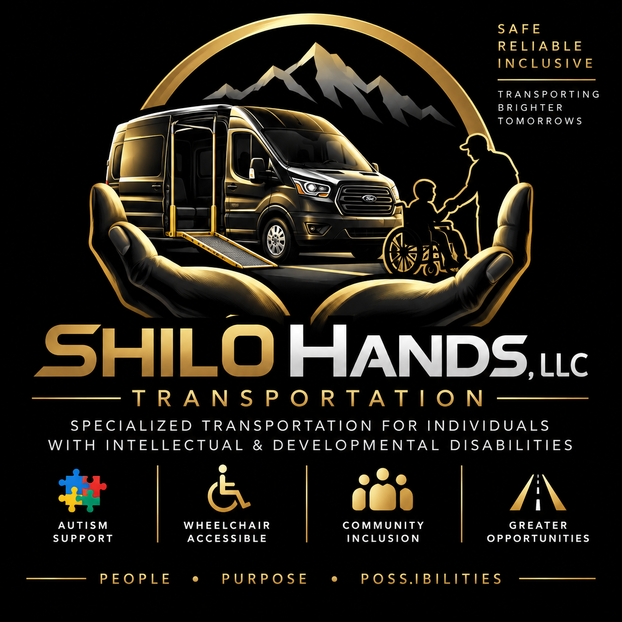 Shilo Hands, LLC — a wheelchair-accessible van held in cupped hands beneath mountains